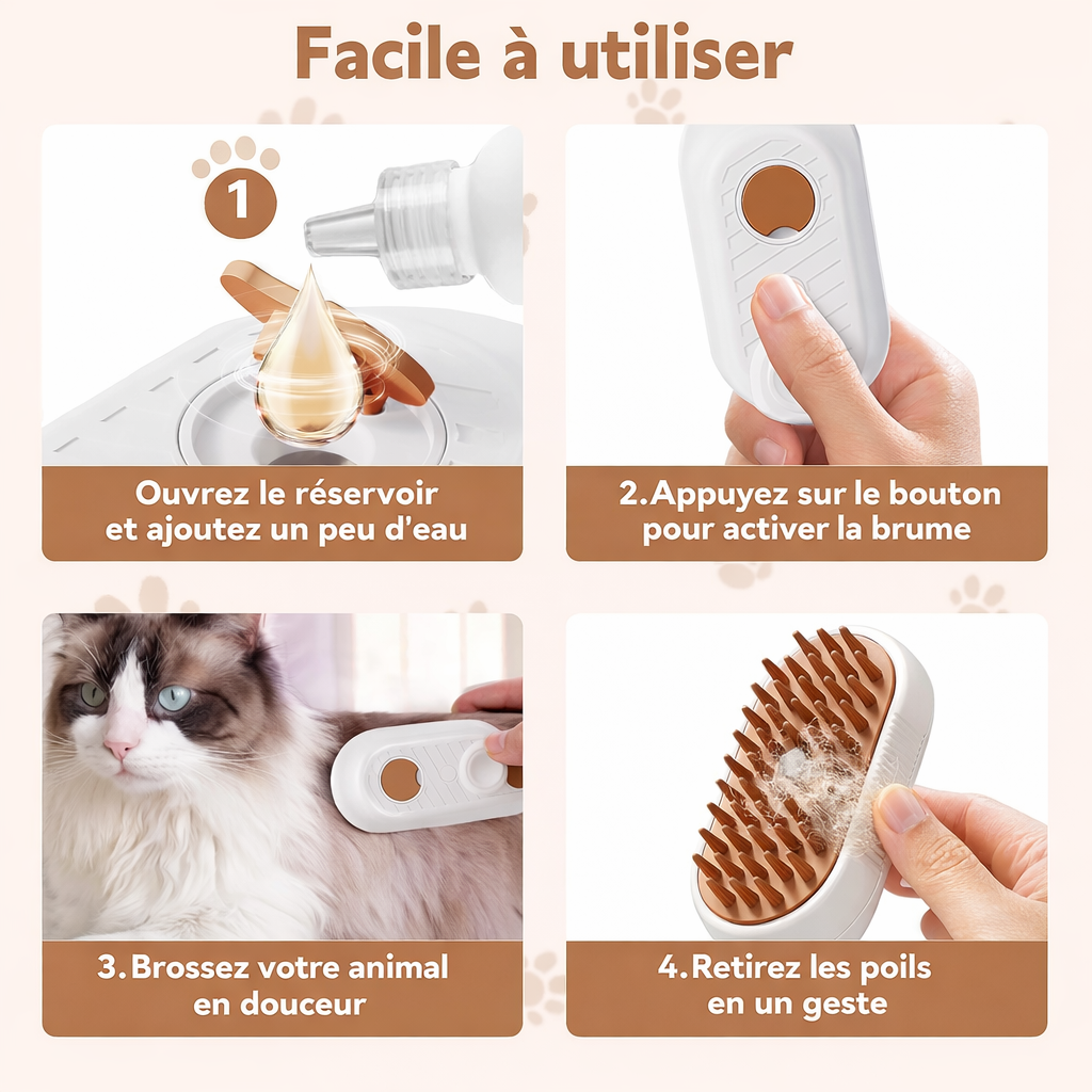 Brosse anti-poils à vapeur pour animaux